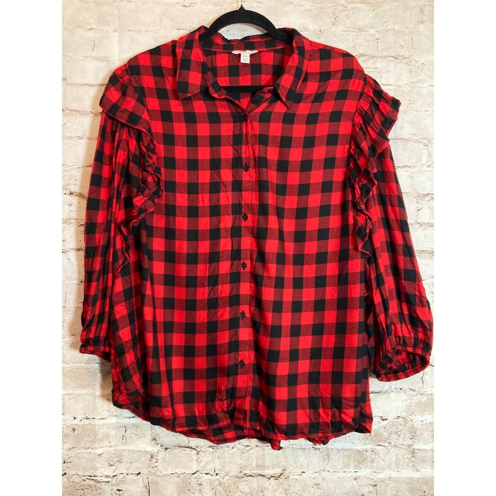 Cato Top Womens 18/20W Red Buffalo Check Plaid Button Up Ruffle Balloon Sleeves